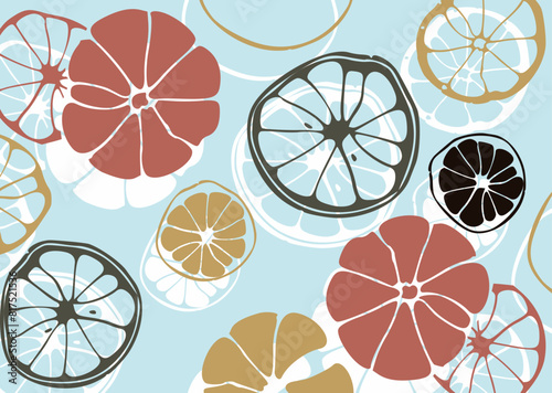 Stylized illustration of citrus fruit slices in white on a bold, bright red background, featuring varying sizes and shapes scattered across the image.