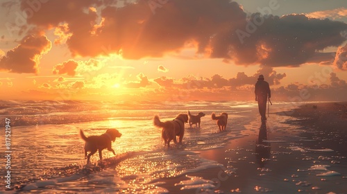 Serene Sunset Beach Walk with Joyful Canine Companions photo