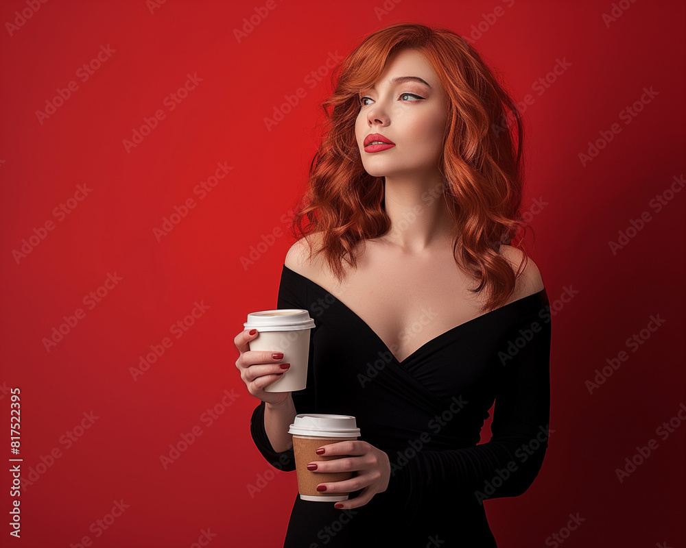 woman drinking coffee with red background woman drinking coffee with red background