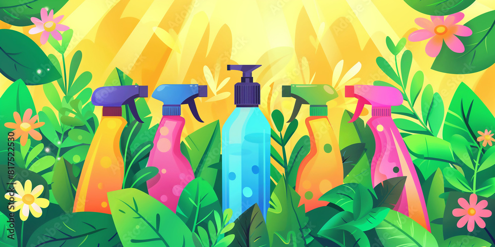 Bouteilles de pulvérisateurs colorées entourées de feuilles et de fleurs écologie, produit responsable eco friendly rechargeable Bouteilles de pulvérisateurs colorées entourées de feuilles et de fleurs écologie, produit responsable eco friendly rechargeable