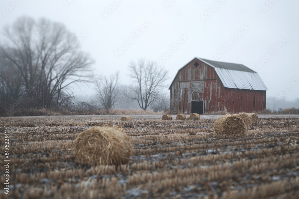 Bales of hay in the background Old farm building with peeling red paint stores, late fall, agroculture, animal food Bales of hay in the background Old farm building with peeling red paint stores, late fall, agroculture, animal food