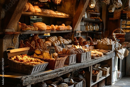 A bakery with fresh, delicious goods in the countryside, a Blurred bakery shop in a wholesale store with fresh baked bread on wooden shelf, AI generated