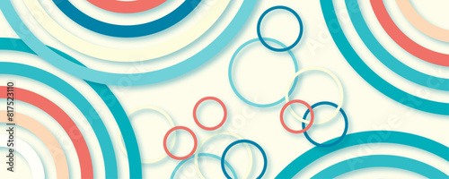 Abstract modern geometric colorful background. Vector illustration. Modern geometric circles colorful round shapes with shadow effects abstract background. Circle abstract colorful memphis wide banner