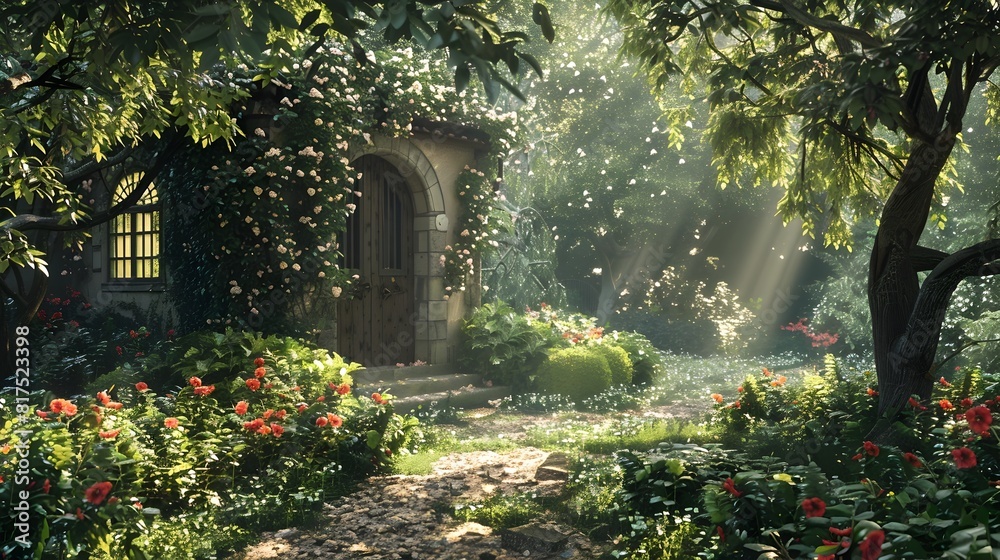 Fototapeta premium Serene Garden Path Enveloped in Warm,Dappled Sunlight and Lush Greenery