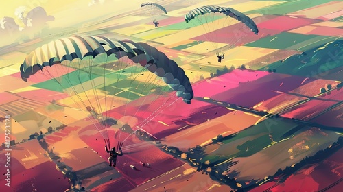 Illustration of multiple parachutists in free fall over a colorful patchwork of agricultural fields, 
