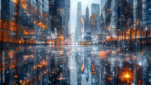 Intense Cityscape with Reflective Skyscrapers and Vibrant Lighting in a Modern Urban Landscape photo