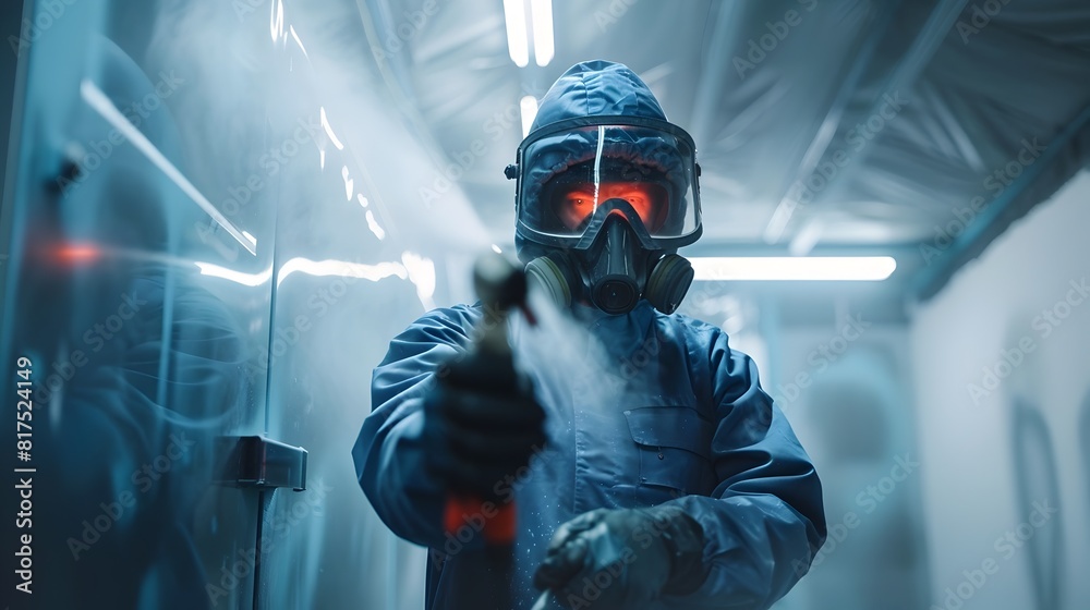 Skilled Technician Expertly Spraying Fresh Coat of Paint onto Vehicle in Sealed Booth with Protective Gear Skilled Technician Expertly Spraying Fresh Coat of Paint onto Vehicle in Sealed Booth with Protective Gear