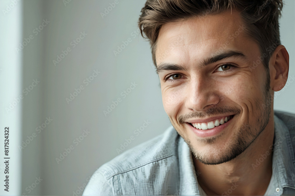 Young Handsome Man Brown Hair and Eyes Grey Shirt Slight Beard Off White Room Background Young Handsome Man Brown Hair and Eyes Grey Shirt Slight Beard Off White Room Background