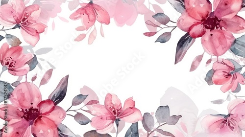 Watercolor illustration of a pink floral frame on a white background, copy space
