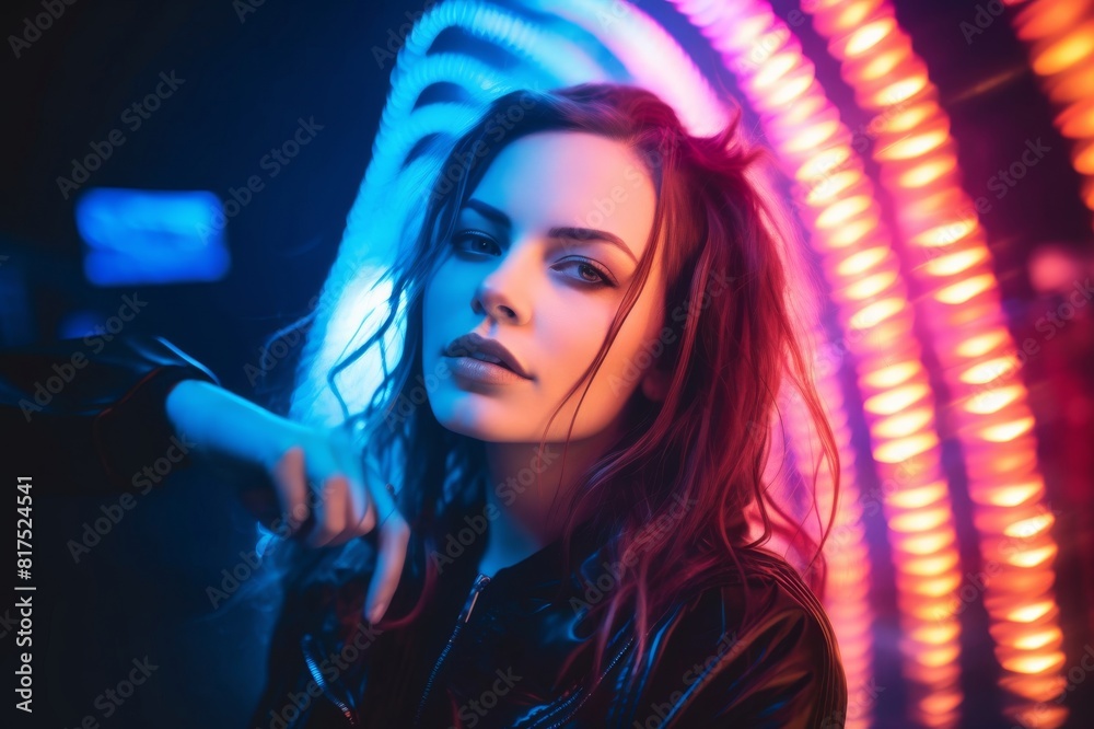 portrait of young woman illuminated neon light portrait of young woman illuminated neon light
