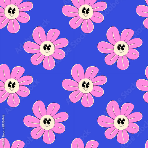 Flowers 2000s style. Flower character with eyes and smile face. Seamless pattern in retro y2k aesthetic. Vector illustration