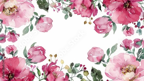 A watercolor illustration of a pink floral frame against a white background, copy space
