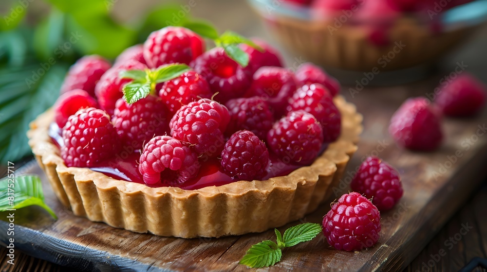 A raspberry tart with a green leaf on top. The tart is covered in powdered sugar and has a lot of raspberries on top A raspberry tart with a green leaf on top. The tart is covered in powdered sugar and has a lot of raspberries on top