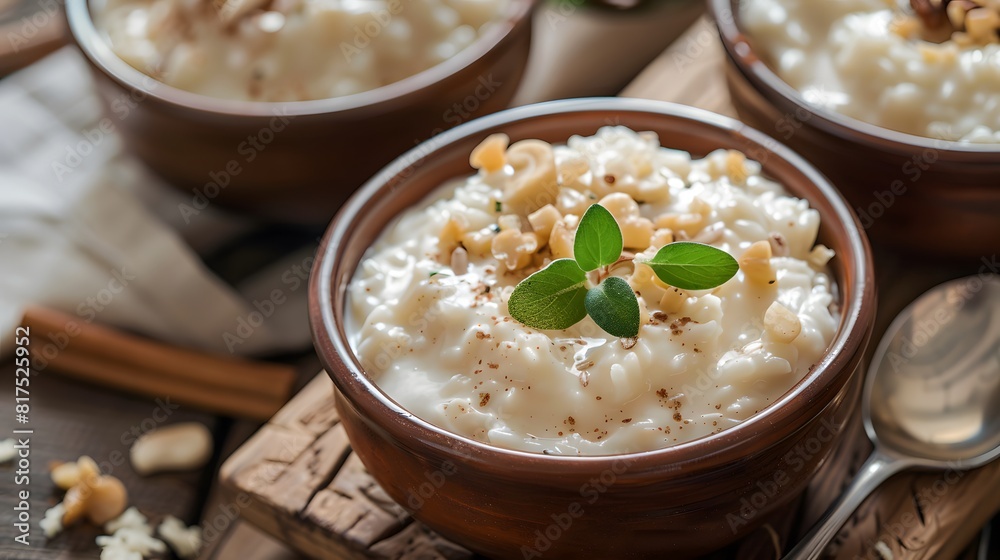 Three bowls of rice pudding with nuts and herbs on a wooden table. The bowls are brown and white, and the rice pudding is creamy and delicious. The table is covered with a white cloth Three bowls of rice pudding with nuts and herbs on a wooden table. The bowls are brown and white, and the rice pudding is creamy and delicious. The table is covered with a white cloth