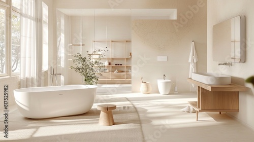 bathroom Muji style decoration with white tones and light wood  AI Generative