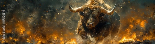 Financial titans as animals a raging bull and a powerful bear in a fiery urban setting, depicting market battles, Actionpacked, Dark and light interplay, Sketch photo