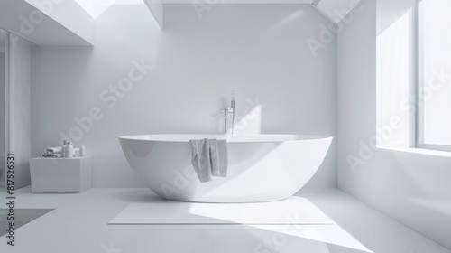 Extreme low-angle a white very modern white minimalist bathroom with white tub and towels, white matte walls that has no window, AI Generative © Alisa