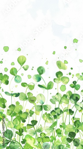 Detailed watercolor painting featuring green shamrocks on a white background