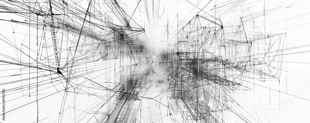 Naklejka premium Visualize a sprawling cityscape in the style of a complex network graph, with towering skyscrapers and intricate details.