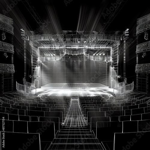 Create a detailed sketch of the interior of an empty theatre. The perspective should be from the audience looking towards the stage. Include the seats, stage, and balcony.