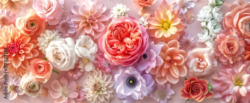 Images of colorful flowers are placed on a colorful pastel backg photo