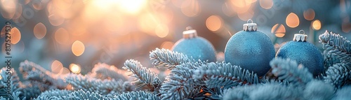 Vibrant closeup of sparkling baubles in shades of blue and silver nestled in snowdusted fir branches, perfect for a festive wallpaper or holiday invite photo