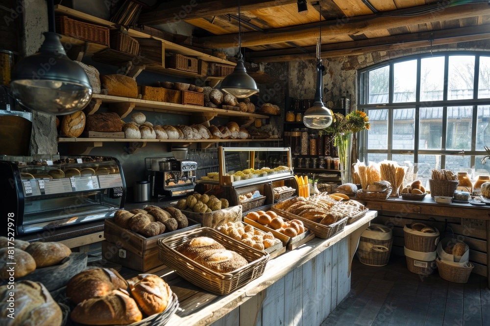 A bakery with fresh, delicious goods in the countryside, a Blurred bakery shop in a wholesale store with fresh baked bread on wooden shelf, AI generated A bakery with fresh, delicious goods in the countryside, a Blurred bakery shop in a wholesale store with fresh baked bread on wooden shelf, AI generated
