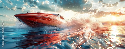 Illustrate the thrill of adventure with a digital photorealistic depiction of a modern speedboat racing across a crystal-clear lake from a low-angle perspective Showcase the dynami photo