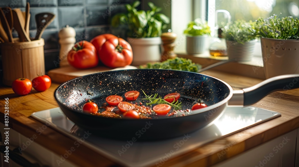 Colorful vegetable salad with paprika, red onion and herbs in the style of black pan Colorful vegetable salad with paprika, red onion and herbs in the style of black pan