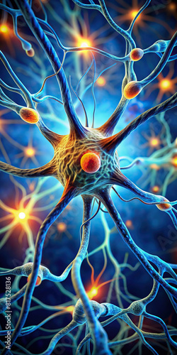 Focus on a nerve cell, illustrating its dendrites and synaptic connections photo