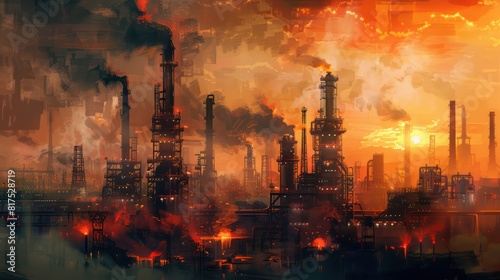 A painting of a city with a large industrial area with smoke and fire