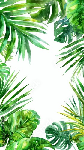 A watercolor illustration featuring a frame of tropical leaves  predominantly green in color  copy space