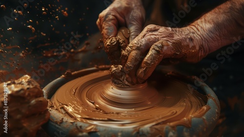 The hands of a potter skillfully molding clay into a container. Making pottery with the delicate movement and attention to detail that defines the art of ceramics. © Phoophinyo