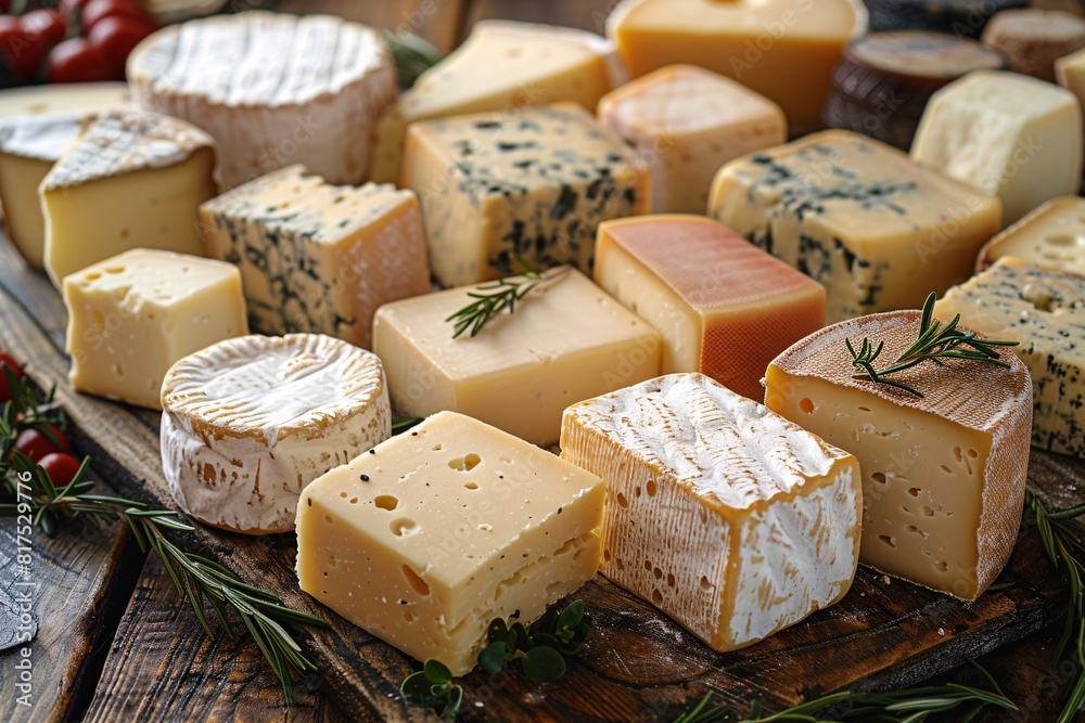 Assortment of cheese on wooden table, closeup. Dairy products. Cheese Selection. Large assortment of international cheese specialities. Assortment of cheese on wooden table, closeup. Dairy products. Cheese Selection. Large assortment of international cheese specialities.
