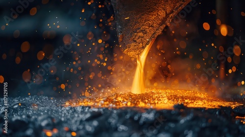 A metal casting is pouring out of a mold, with a lot of sparks and smoke photo