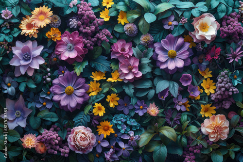 A rich tapestry of colorful flowers, including daisies and marigolds, is featured in the center with various shades of purple, blue green, yellow and orange blossoms. Created with Ai © oliver