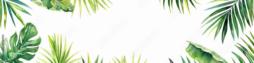 Fototapeta premium Watercolor illustration of isolated green palm leaves on a white background, copy space, banner