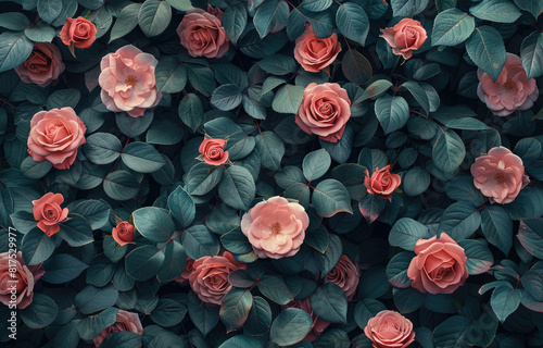 A lush wall of dark green leaves  adorned with delicate pink roses in full bloom. Created with Ai