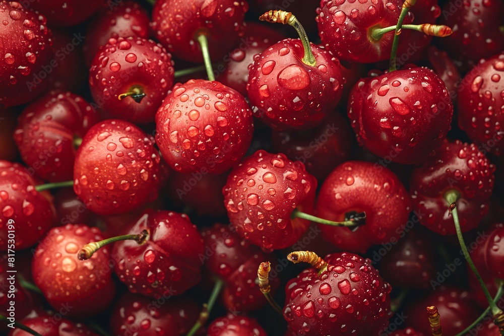 Close-up view of fresh, wet cherries covering the entire image, with drops of water on their glossy skin. Close-up view of fresh, wet cherries covering the entire image, with drops of water on their glossy skin.