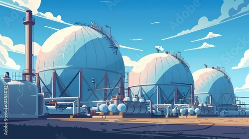 A large industrial complex with three large tanks and a lot of pipes