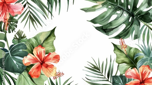 Watercolor illustration of green hibiscus leaves and vibrant flowers on a bright white background, copy space