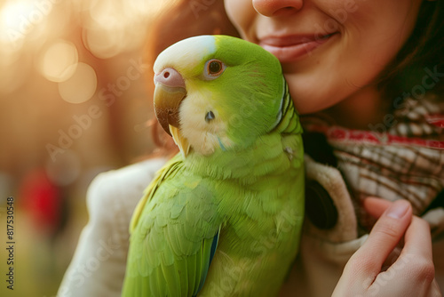 
Close-up of friendly and cute Monk Parakeet. Green Quaker parrot is sitting on woman shoulder. Woman is petting parrot. photo