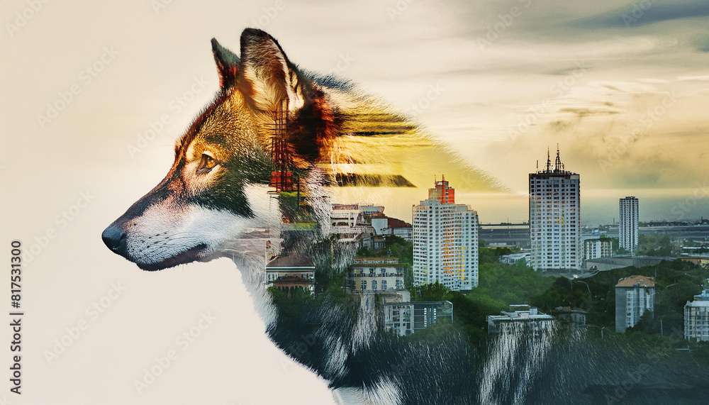 Obraz premium wolf with double exposure of cityscape and forest; digital art illustration, yellow, green,