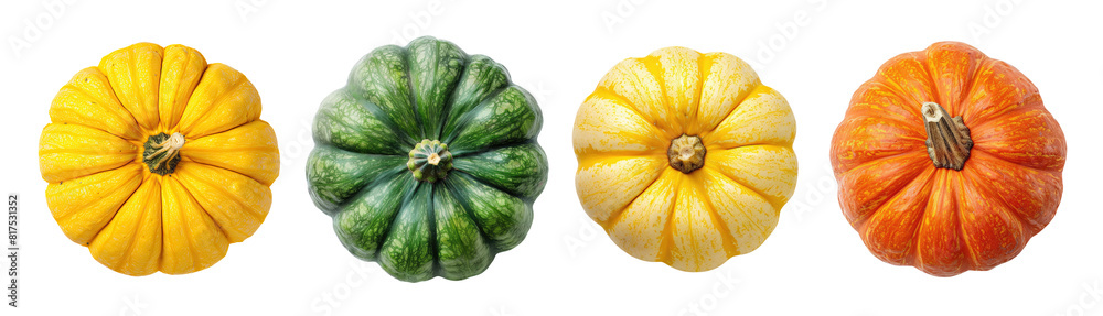 Pumpkins of various colors isolated on transparent background, top view Pumpkins of various colors isolated on transparent background, top view
