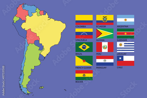 Colorful South America Map with Country Flags Vector Art