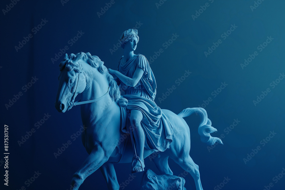 3d rendering of ancient greek -roman musician statue riding horse . Creative concept colorful neon image with vivid cobalt blue color background, fashionable, trendy ,isolated background