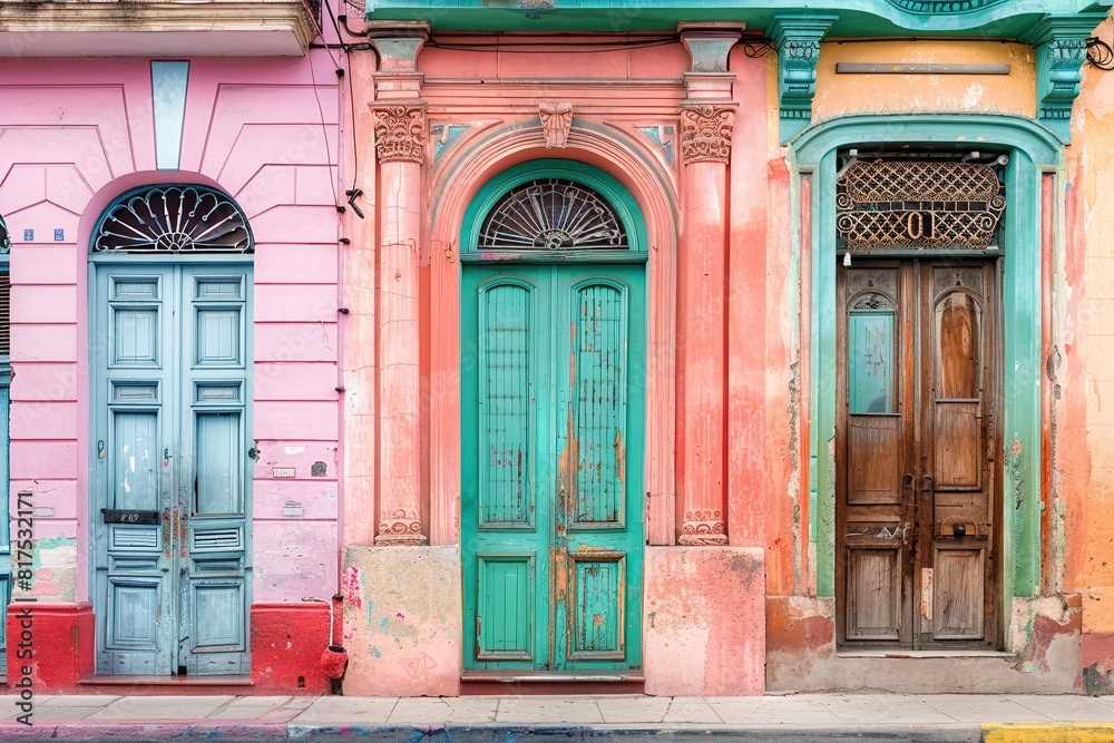 Fototapeta premium Fachadas coloridas y desgastadas de casas coloniales en una calle de La Habana, Cuba. Las puertas y los detalles arquitectónicos reflejan la historia y el encanto de la ciudad