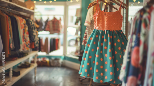 Skater skirt in a whimsical polka dot print, twirling gracefully on a vintage-style clothing rack in a retro-themed boutique, capturing the timeless charm of 1950s fashion.