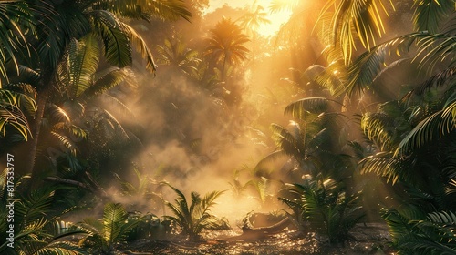 I imagine a serene scene of a tropical forest at dawn  with the first light of sunrise peeking through the dense foliage