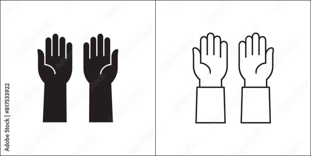 Praying hand icon. Two hands receiving sign. Hand facing up symbol. Vector stock illustration in flat and outline design style. Symbol of pray, ask for help, donation, begging. Praying hand icon. Two hands receiving sign. Hand facing up symbol. Vector stock illustration in flat and outline design style. Symbol of pray, ask for help, donation, begging.